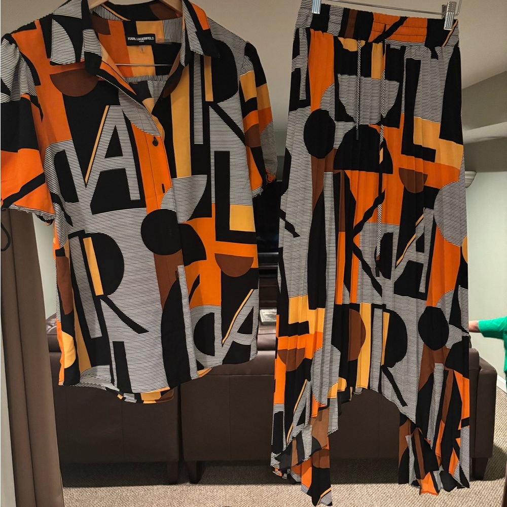 Karl Lagerfeld Orange and Black Asymmetrical Maxi Skirt